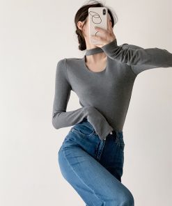 Women's Long Sleeve Fleece Hollowed-Out U-Neck Halter Top - Comfortable Slim Fit Shirt for Casual Wear