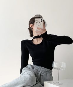 Women's Long Sleeve Fleece Hollowed-Out U-Neck Halter Top - Comfortable Slim Fit Shirt for Casual Wear