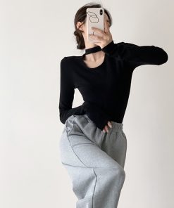 Women's Long Sleeve Fleece Hollowed-Out U-Neck Halter Top - Comfortable Slim Fit Shirt for Casual Wear