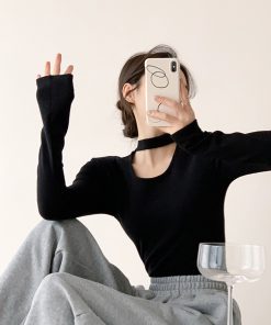 Women's Long Sleeve Fleece Hollowed-Out U-Neck Halter Top - Comfortable Slim Fit Shirt for Casual Wear