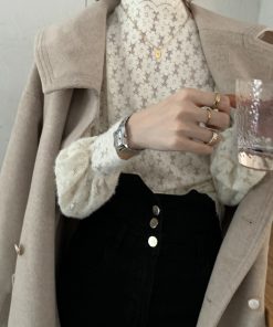 Women's Long-Sleeve Half-High Collar Hollowed-Out Lace Top, Thickened Brushed Fabric, Stylish Autumn Winter Fashion