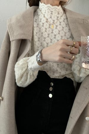 Women's Long-Sleeve Half-High Collar Hollowed-Out Lace Top, Thickened Brushed Fabric, Stylish Autumn Winter Fashion