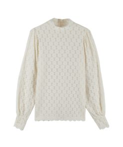 Women's Long-Sleeve Half-High Collar Hollowed-Out Lace Top, Thickened Brushed Fabric, Stylish Autumn Winter Fashion