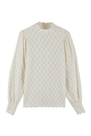Women's Long-Sleeve Half-High Collar Hollowed-Out Lace Top, Thickened Brushed Fabric, Stylish Autumn Winter Fashion