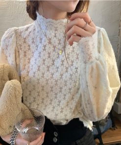Women's Long-Sleeve Half-High Collar Hollowed-Out Lace Top, Thickened Brushed Fabric, Stylish Autumn Winter Fashion