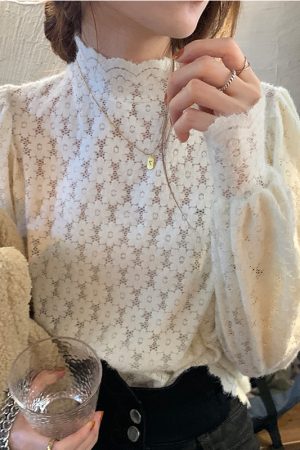 Women's Long-Sleeve Half-High Collar Hollowed-Out Lace Top, Thickened Brushed Fabric, Stylish Autumn Winter Fashion