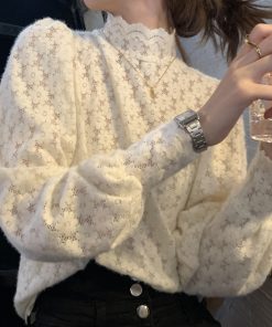 Women's Long-Sleeve Half-High Collar Hollowed-Out Lace Top, Thickened Brushed Fabric, Stylish Autumn Winter Fashion