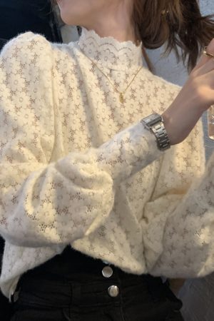 Women's Long-Sleeve Half-High Collar Hollowed-Out Lace Top, Thickened Brushed Fabric, Stylish Autumn Winter Fashion