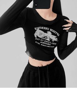 Women's Long Sleeve Irregular Cover-Up T-Shirt - Slim Fit, Thin Flattering Mesh Layer for Early Autumn 2025 Style