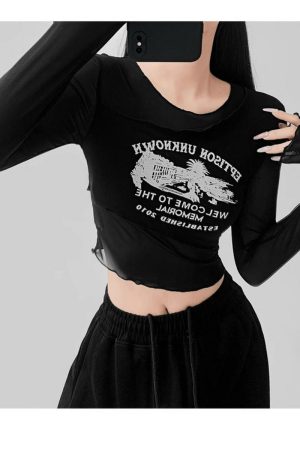 Women's Long Sleeve Irregular Cover-Up T-Shirt - Slim Fit, Thin Flattering Mesh Layer for Early Autumn 2025 Style