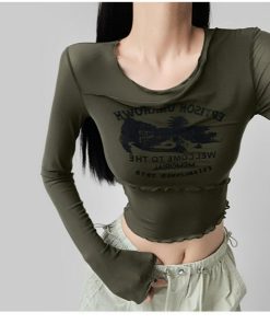 Women's Long Sleeve Irregular Cover-Up T-Shirt - Slim Fit, Thin Flattering Mesh Layer for Early Autumn 2025 Style