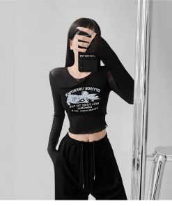 Women's Long Sleeve Irregular Cover-Up T-Shirt - Slim Fit, Thin Flattering Mesh Layer for Early Autumn 2025 Style