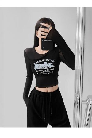 Women's Long Sleeve Irregular Cover-Up T-Shirt - Slim Fit, Thin Flattering Mesh Layer for Early Autumn 2025 Style
