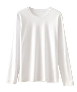 Women's Long Sleeve Mulberry Silk Cotton T-Shirt - White Round V-Neck Top for Spring Autumn, Soft Base Layer, Xinjiang Long Staple Cotton