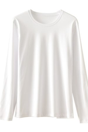 Women's Long Sleeve Mulberry Silk Cotton T-Shirt - White Round V-Neck Top for Spring Autumn, Soft Base Layer, Xinjiang Long Staple Cotton