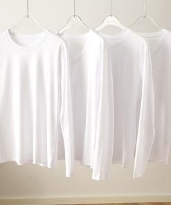 Women's Long Sleeve Mulberry Silk Cotton T-Shirt - White Round V-Neck Top for Spring Autumn, Soft Base Layer, Xinjiang Long Staple Cotton