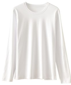 Women's Long Sleeve Mulberry Silk Cotton T-Shirt - White Round V-Neck Top for Spring Autumn, Soft Base Layer, Xinjiang Long Staple Cotton