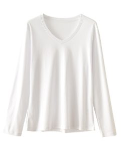 Women's Long Sleeve Mulberry Silk Cotton T-Shirt - White Round V-Neck Top for Spring Autumn, Soft Base Layer, Xinjiang Long Staple Cotton