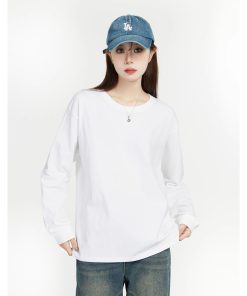 Women's Long Sleeve Round Neck T-Shirt - Japanese Style Solid Color Casual Cotton Top, 2025 Spring Versatile Layering Essential