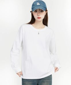 Women's Long Sleeve Round Neck T-Shirt - Japanese Style Solid Color Casual Cotton Top, 2025 Spring Versatile Layering Essential