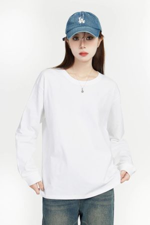 Women's Long Sleeve Round Neck T-Shirt - Japanese Style Solid Color Casual Cotton Top, 2025 Spring Versatile Layering Essential