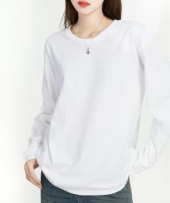 Women's Long Sleeve Round Neck T-Shirt - Japanese Style Solid Color Casual Cotton Top, 2025 Spring Versatile Layering Essential