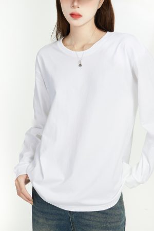 Women's Long Sleeve Round Neck T-Shirt - Japanese Style Solid Color Casual Cotton Top, 2025 Spring Versatile Layering Essential