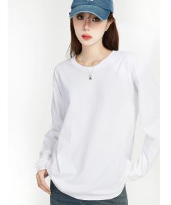 Women's Long Sleeve Round Neck T-Shirt - Japanese Style Solid Color Casual Cotton Top, 2025 Spring Versatile Layering Essential