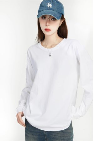 Women's Long Sleeve Round Neck T-Shirt - Japanese Style Solid Color Casual Cotton Top, 2025 Spring Versatile Layering Essential