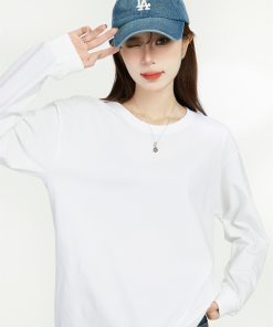 Women's Long Sleeve Round Neck T-Shirt - Japanese Style Solid Color Casual Cotton Top, 2025 Spring Versatile Layering Essential