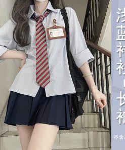 Women's Long Sleeve Striped JK Shirt - Pudding Bear-Inspired Uniform Top for Fall - Cute Blue Pudding Bear Design