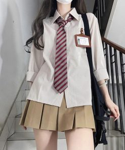 Women's Long Sleeve Striped JK Shirt - Pudding Bear-Inspired Uniform Top for Fall - Cute Blue Pudding Bear Design