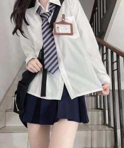 Women's Long Sleeve Striped JK Shirt - Pudding Bear-Inspired Uniform Top for Fall - Cute Blue Pudding Bear Design