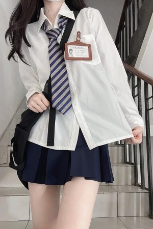 Women's Long Sleeve Striped JK Shirt - Pudding Bear-Inspired Uniform Top for Fall - Cute Blue Pudding Bear Design
