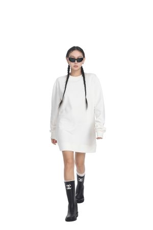 Women's Long Sleeve Sweatshirt Dress - Loose Straight Slim Fit, Round Neck, Solid Color with Inner Skirt - Perfect for Spring Fashion
