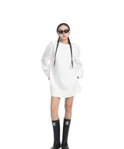 Women's Long Sleeve Sweatshirt Dress - Loose Straight Slim Fit, Round Neck, Solid Color with Inner Skirt - Perfect for Spring Fashion