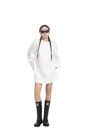 Women's Long Sleeve Sweatshirt Dress - Loose Straight Slim Fit, Round Neck, Solid Color with Inner Skirt - Perfect for Spring Fashion