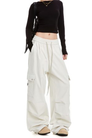 Women's Loose American Style Work Pants with Big Pockets, Slimming Draped Straight Leg Design for Casual and Dance Wear, Trendy Fashion