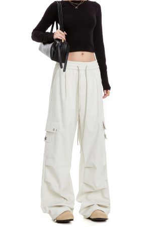 Women's Loose American Style Work Pants with Big Pockets, Slimming Draped Straight Leg Design for Casual and Dance Wear, Trendy Fashion