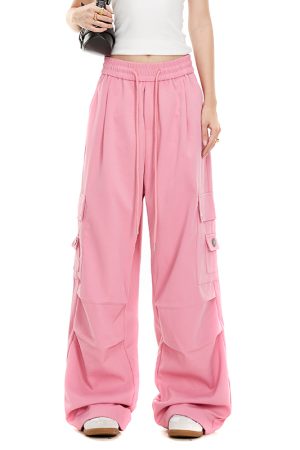 Women's Loose American Style Work Pants with Big Pockets, Slimming Draped Straight Leg Design for Casual and Dance Wear, Trendy Fashion