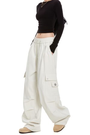 Women's Loose American Style Work Pants with Big Pockets, Slimming Draped Straight Leg Design for Casual and Dance Wear, Trendy Fashion