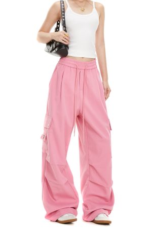 Women's Loose American Style Work Pants with Big Pockets, Slimming Draped Straight Leg Design for Casual and Dance Wear, Trendy Fashion