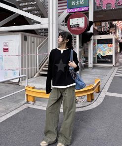 Women's Loose-Fit Long Sleeve T-Shirt with Fake Two-Piece Design and Star Patch - Trendy Spring and Autumn Top