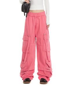 Women's Loose Fit Rose Red Dance Pants - Straight Leg Hip-Hop Casual Trousers with Big Pockets - American Style Fashion