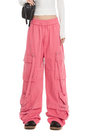 Women's Loose Fit Rose Red Dance Pants - Straight Leg Hip-Hop Casual Trousers with Big Pockets - American Style Fashion