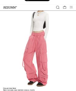 Women's Loose Fit Rose Red Dance Pants - Straight Leg Hip-Hop Casual Trousers with Big Pockets - American Style Fashion