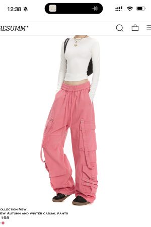 Women's Loose Fit Rose Red Dance Pants - Straight Leg Hip-Hop Casual Trousers with Big Pockets - American Style Fashion