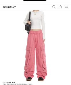 Women's Loose Fit Rose Red Dance Pants - Straight Leg Hip-Hop Casual Trousers with Big Pockets - American Style Fashion