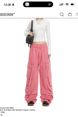 Women's Loose Fit Rose Red Dance Pants - Straight Leg Hip-Hop Casual Trousers with Big Pockets - American Style Fashion