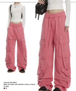Women's Loose Fit Rose Red Dance Pants - Straight Leg Hip-Hop Casual Trousers with Big Pockets - American Style Fashion